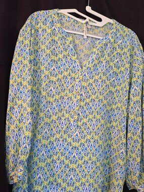 XL Grand & Greene Blouse Tunic Multicolored Jewel tone diamond pattern - V-neck